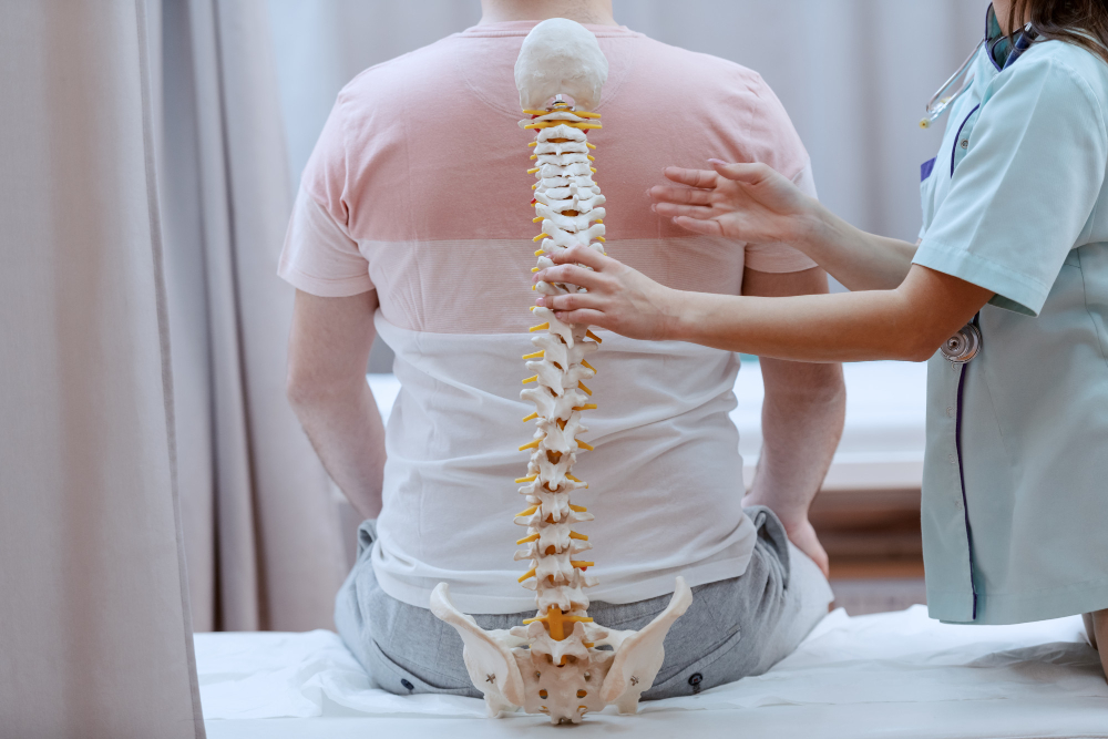 caucasian-nurse-holding-spine-model-against-patients-backs-clinic-interior
